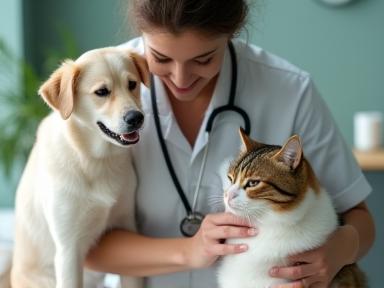 Docteur vétérinaire rassurant un chien et un chat